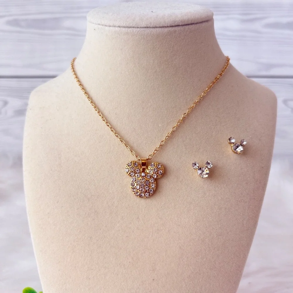 Mickey Mouse Rhinestone Necklace‎ and Earring Set Gold Tone Jewelry